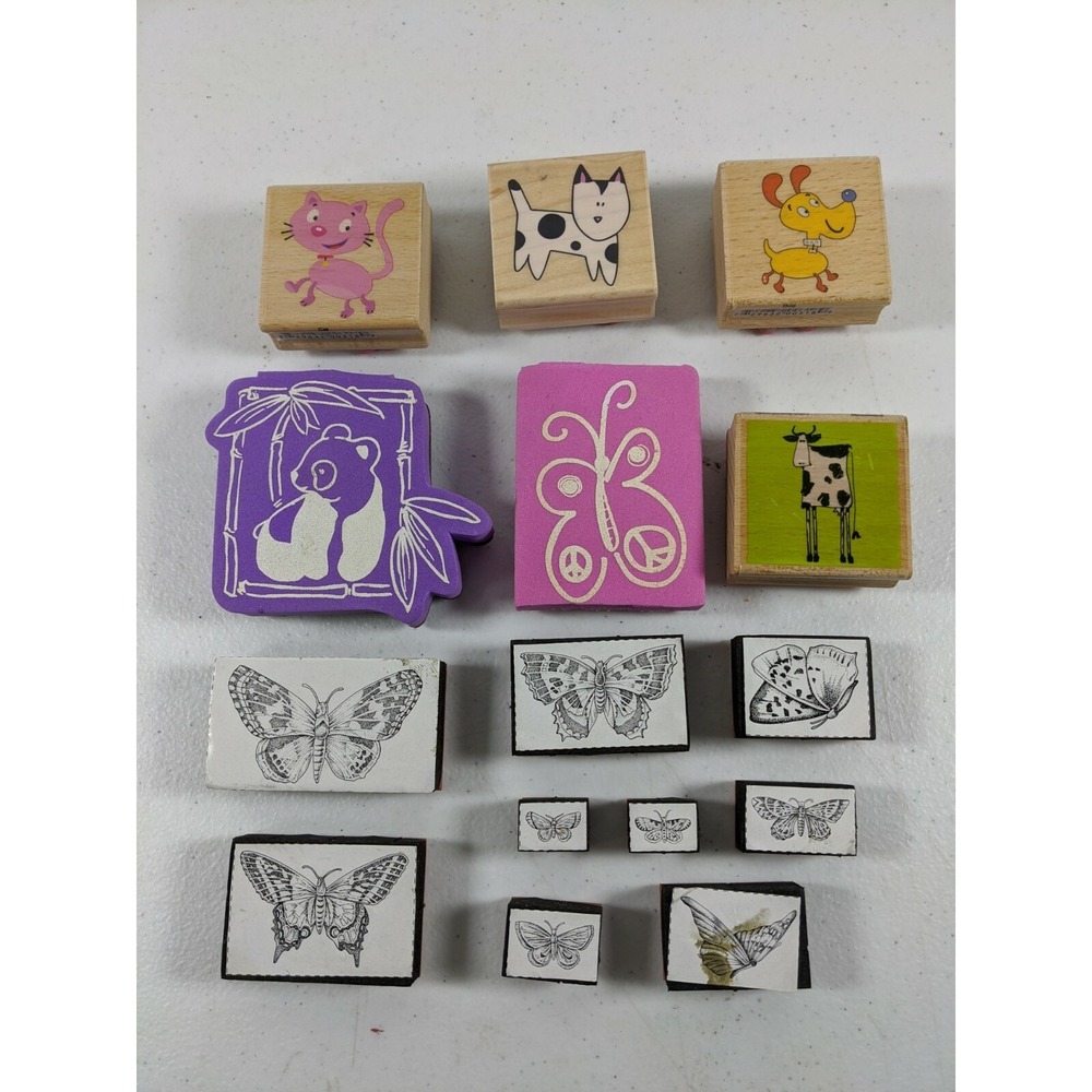Assorted Rubber Stamp Lot 13pc Butterfly Panda Animals Wood Foam Crafting Stamps